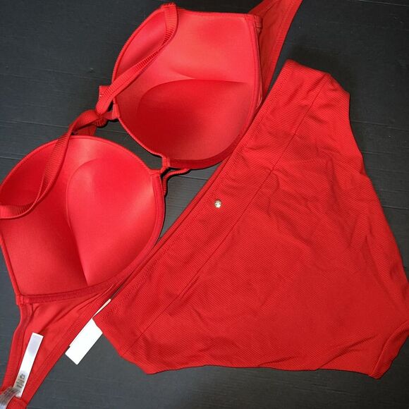 NWT Victoria's Secret 38DD BOMBSHELL BIKINI XXL MID RISE bottom RED ribbed - Picture 3 of 3